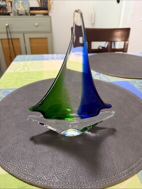 Handblown Glass Sailboat Sculpture in Blue and Green